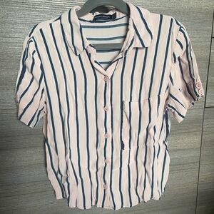 2/$15 Bershka Pink/Navy Striped Cropped Shirt - XS